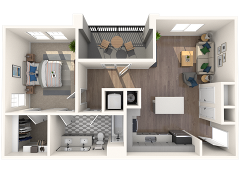Floor plan for 1 bed, 1 bath, 899 sqft